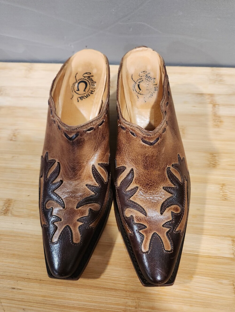 Lucchese Charlie 1 Horse Mules 6.5B Brown Y2K Western Leather Flame Overlay